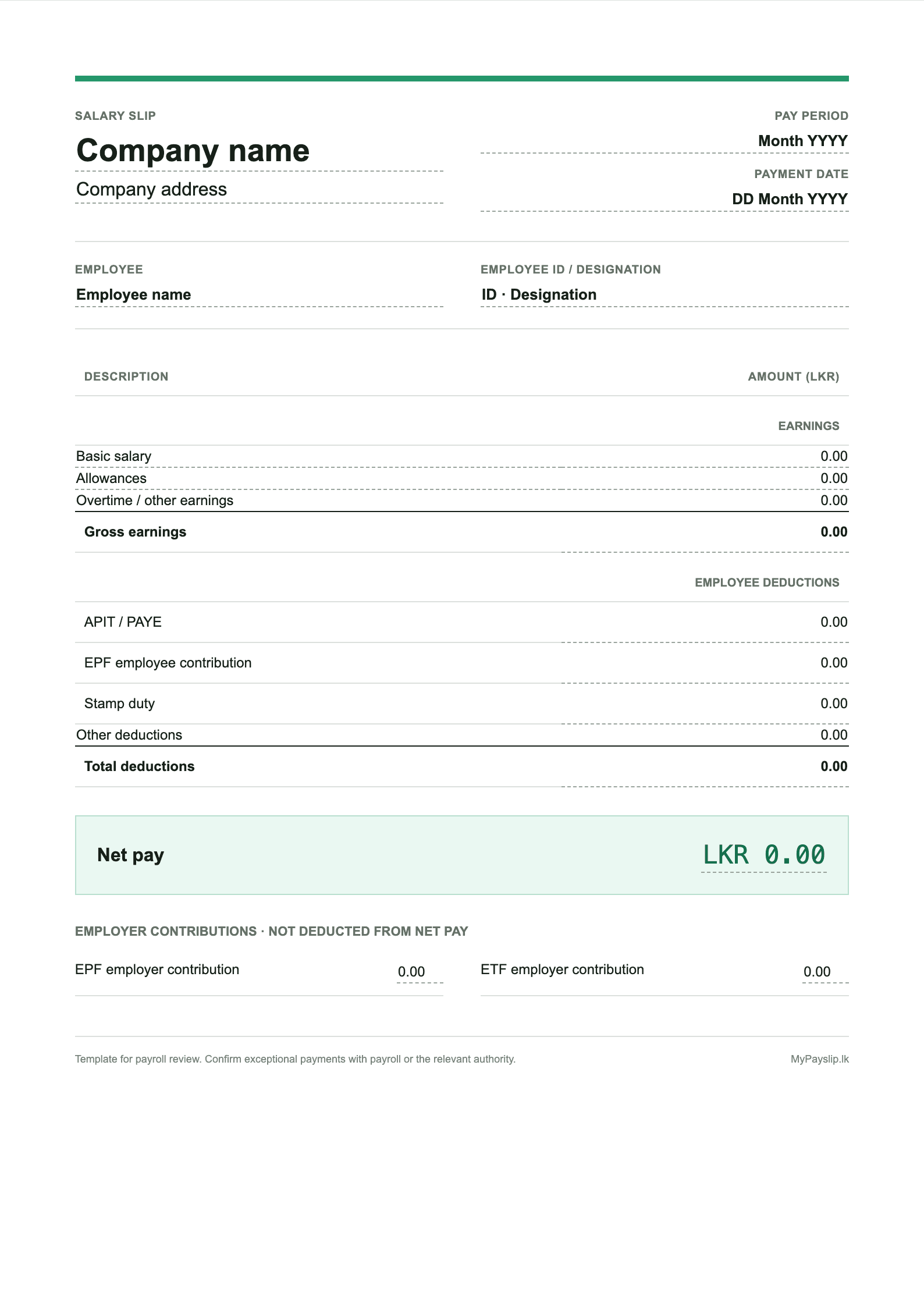 Blank Sri Lanka salary slip template showing earnings, APIT or PAYE, EPF, ETF, deductions and net pay fields